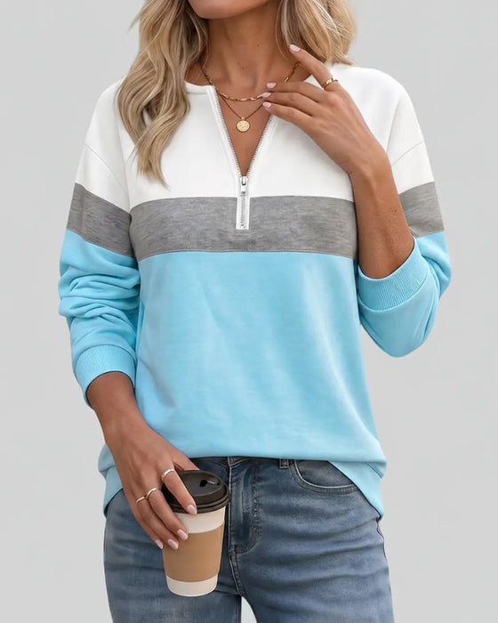 Sweatshirt Med Dragkedja, Ståkrage Och Färgblockering Långärmad