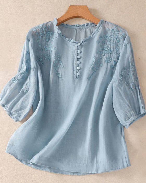 Blus Broderi 3/4-Ärm Enfärgad