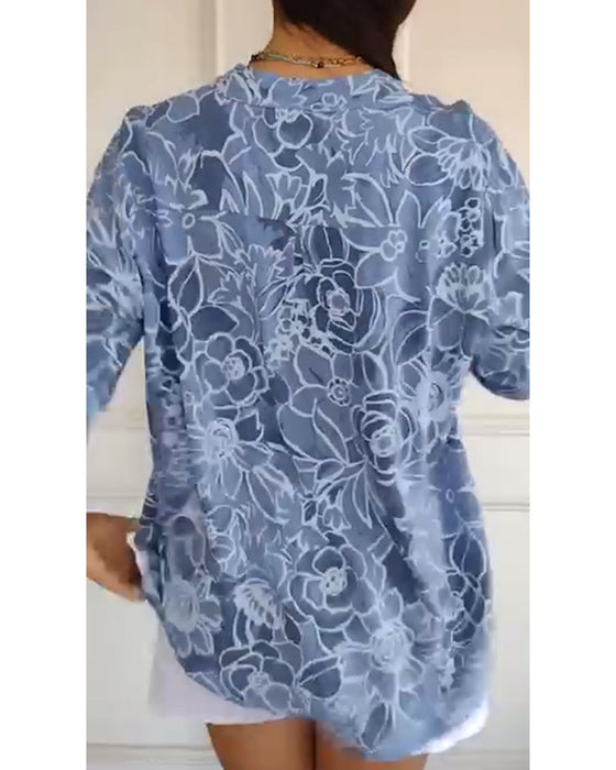 Blus V-ringad Knappad Tryckt