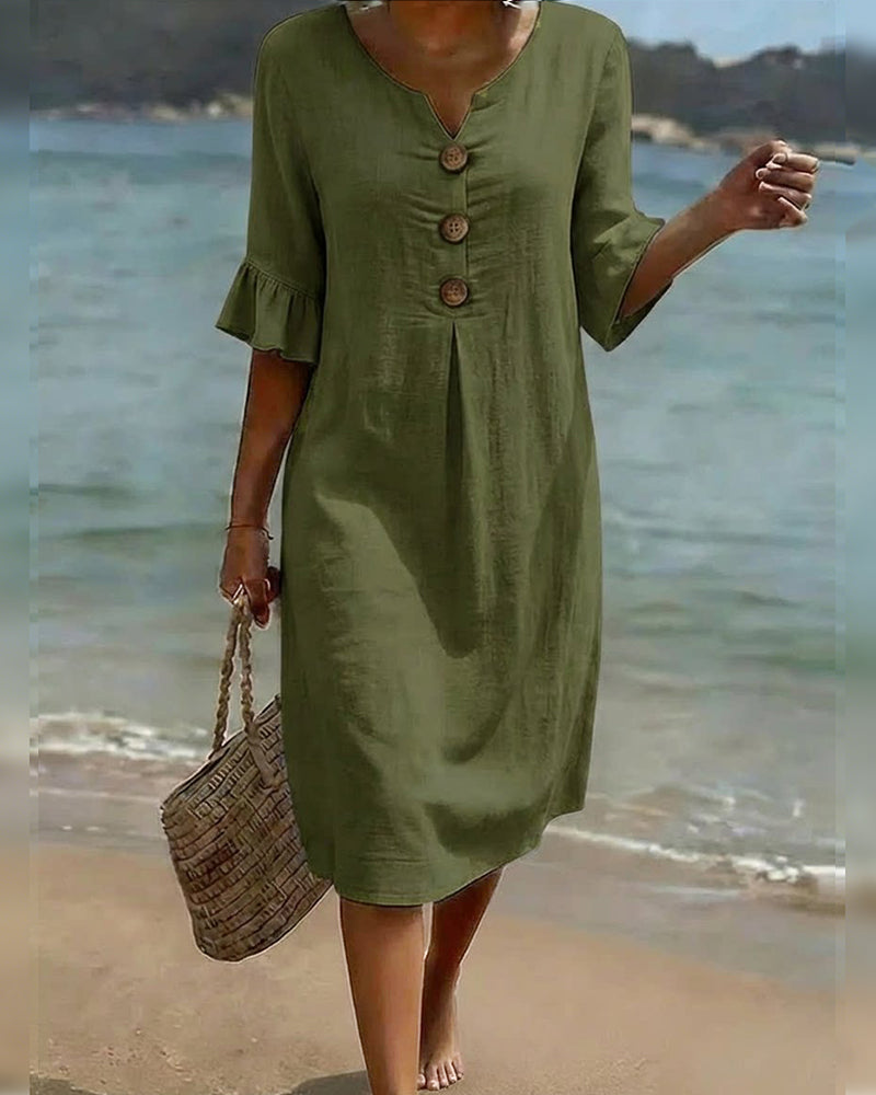 Klänning Knapp Rynkad Ärm 100% Bomull