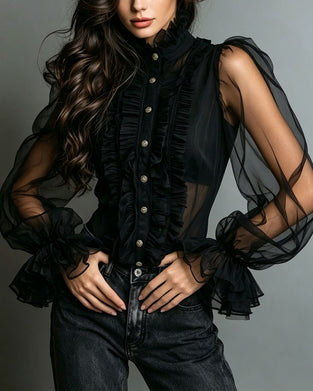 Blus Knapp Ruffle Trendig