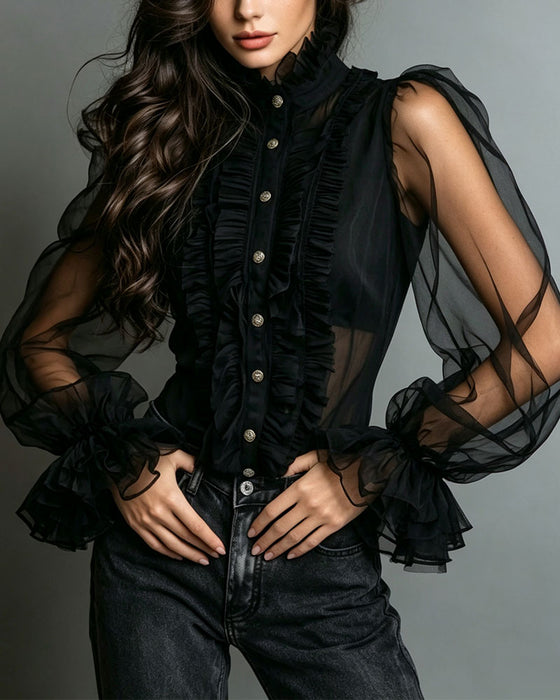 Blus Knapp Ruffle Trendig