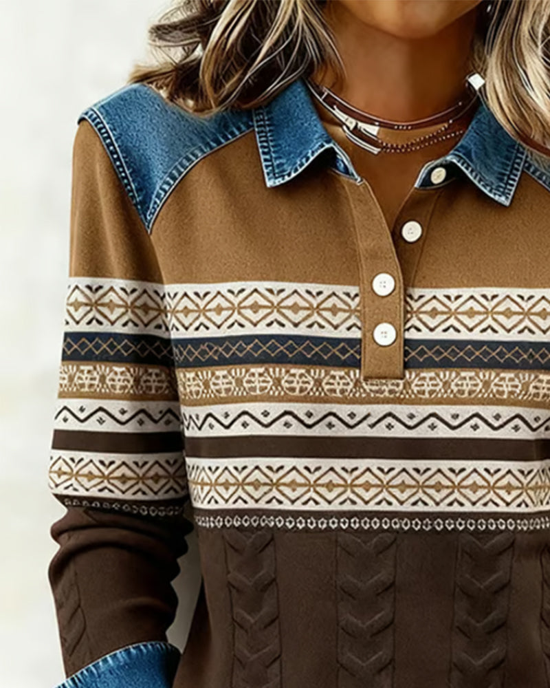 Sweatshirt Med Knappskjorta-Krage Och Färgblockning