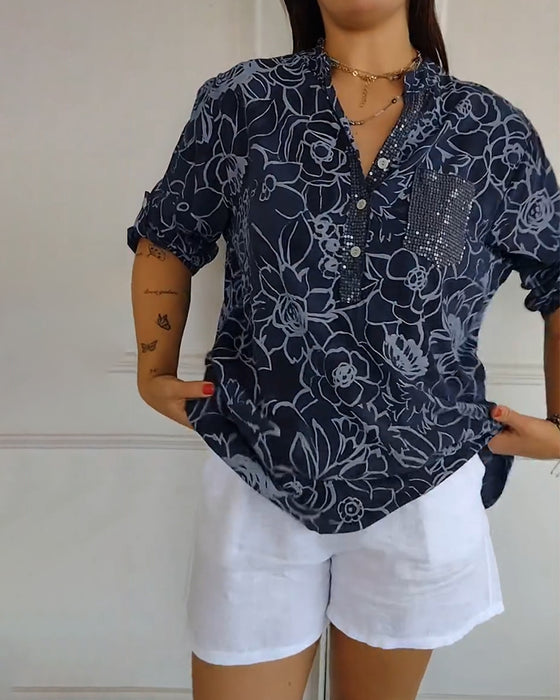 Blus V-ringad Knappad Tryckt