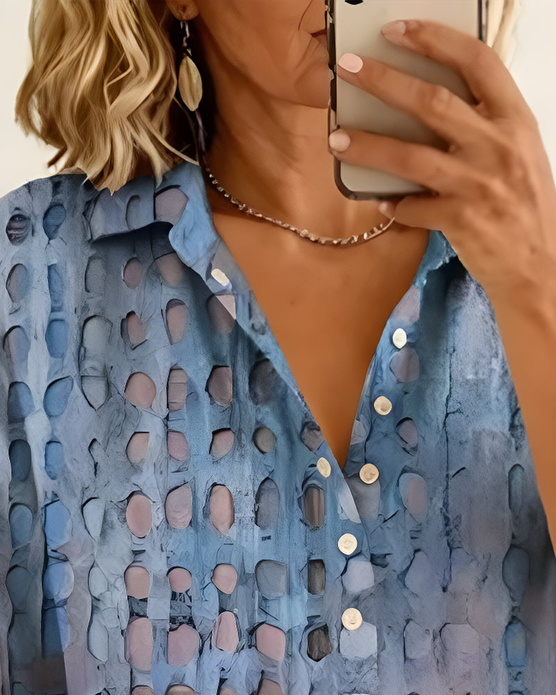 Blus Prickigt Print Knapp Halvknäppning