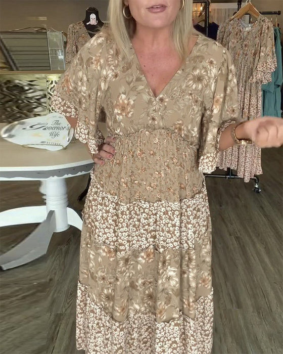 Klänning V-Ringning Lotuskärm Blommig