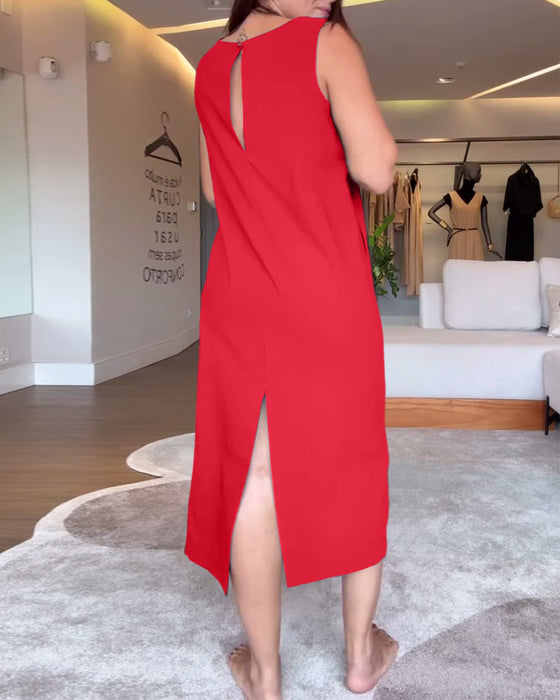 Klänning avslappnad v-ringad ärmlös enfärgad split