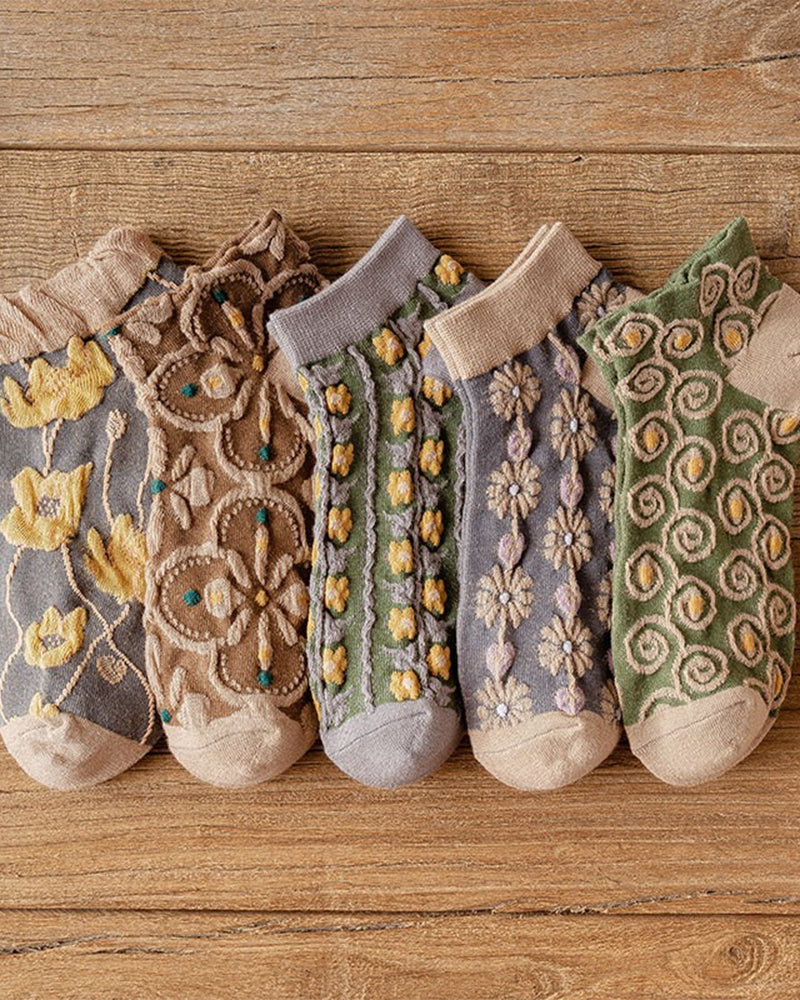 Kvinnors Präglade Bomullsstrumpor Med Blommönster