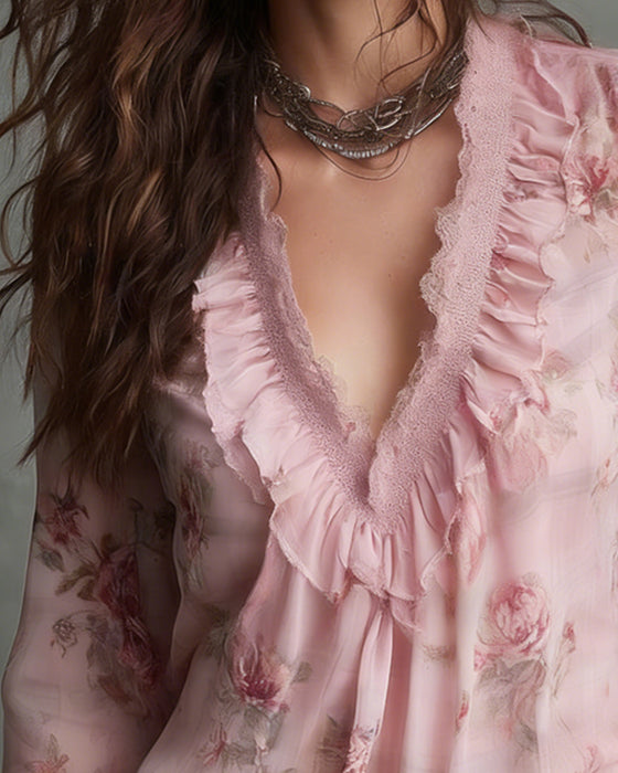 Blus Blommig V-Ringning Ryschad