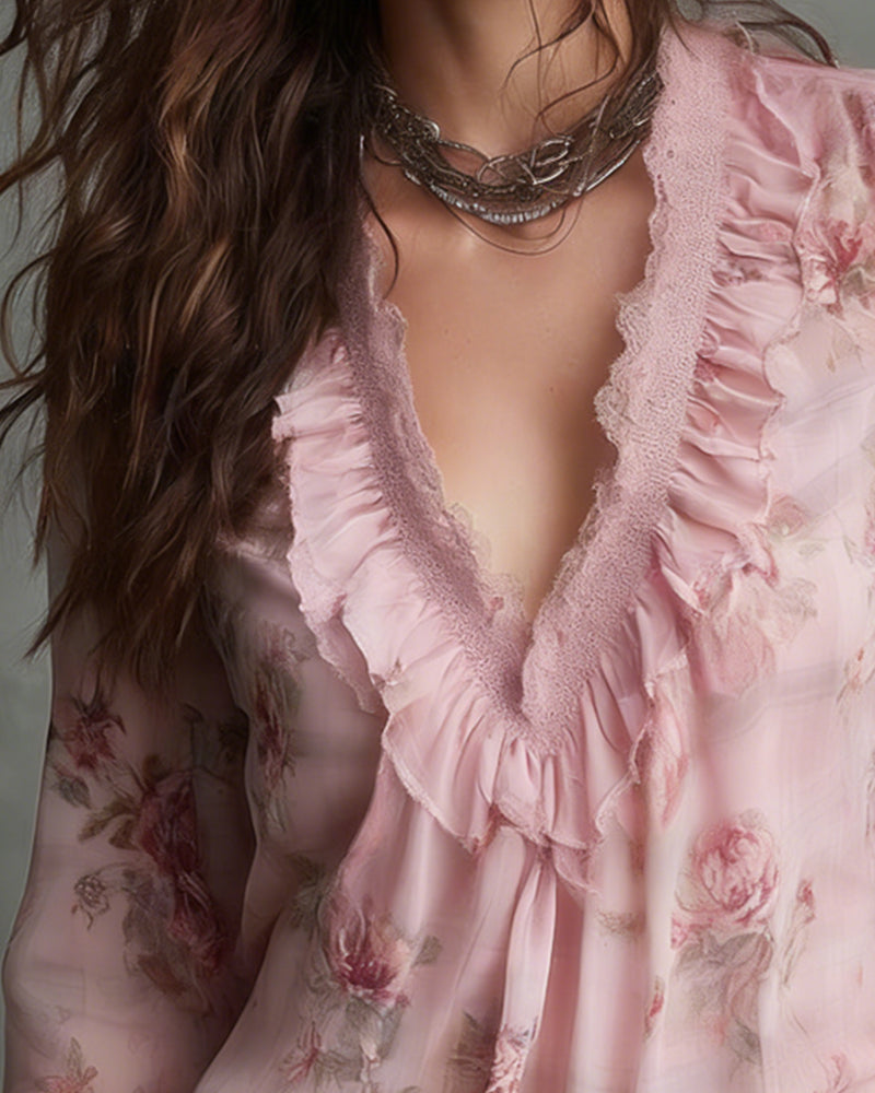 Blus Blommig V-Ringning Ryschad