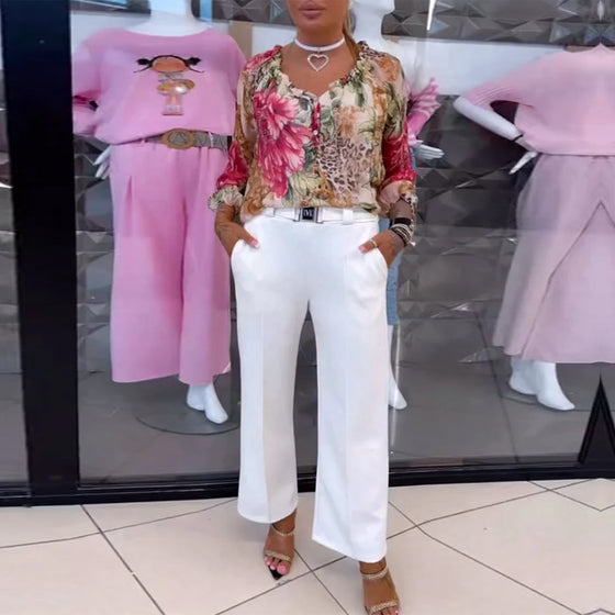 Blus Med V-Ringad Blommönster