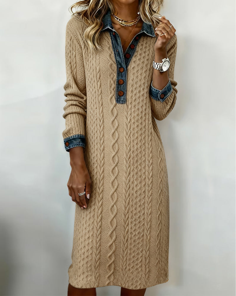 Kragklänning I Denim Med Flätstickning Och Lappverk