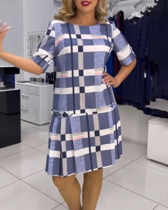 Klänning med rund hals och pläd