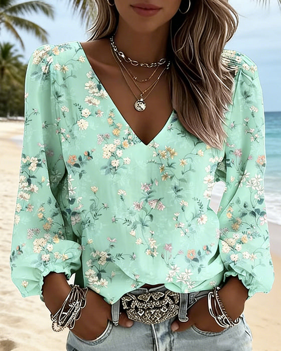 Blus Blommig V-Ringad Puffärm