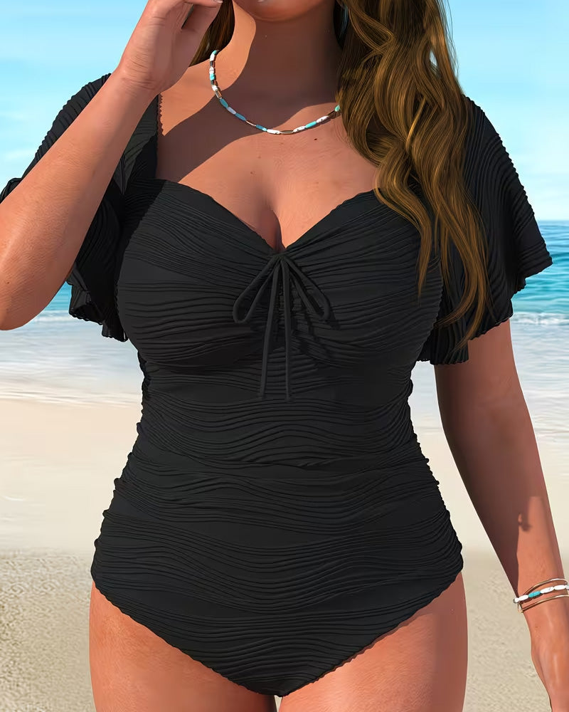 Hel Baddräkt Rynkad Ärm Dragsko