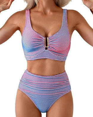 Bikini Hög Midja Randig Knapp