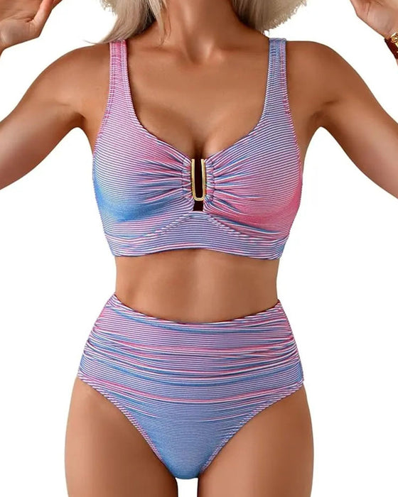 Bikini Hög Midja Randig Knapp
