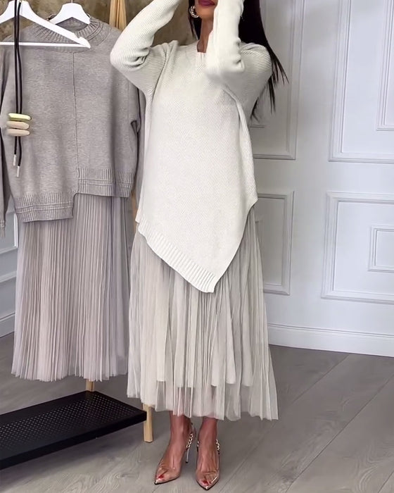 Tvådelat Set Med Pullover Och Kjol I Rund Halsringning Och Oregelbunden Design