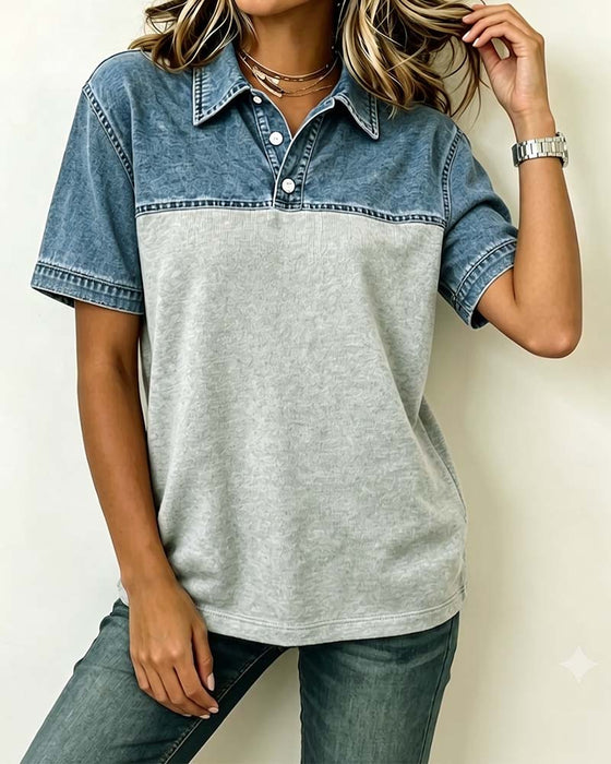 Blus Kort Ärm Skjorta Krage Denim Patchwork