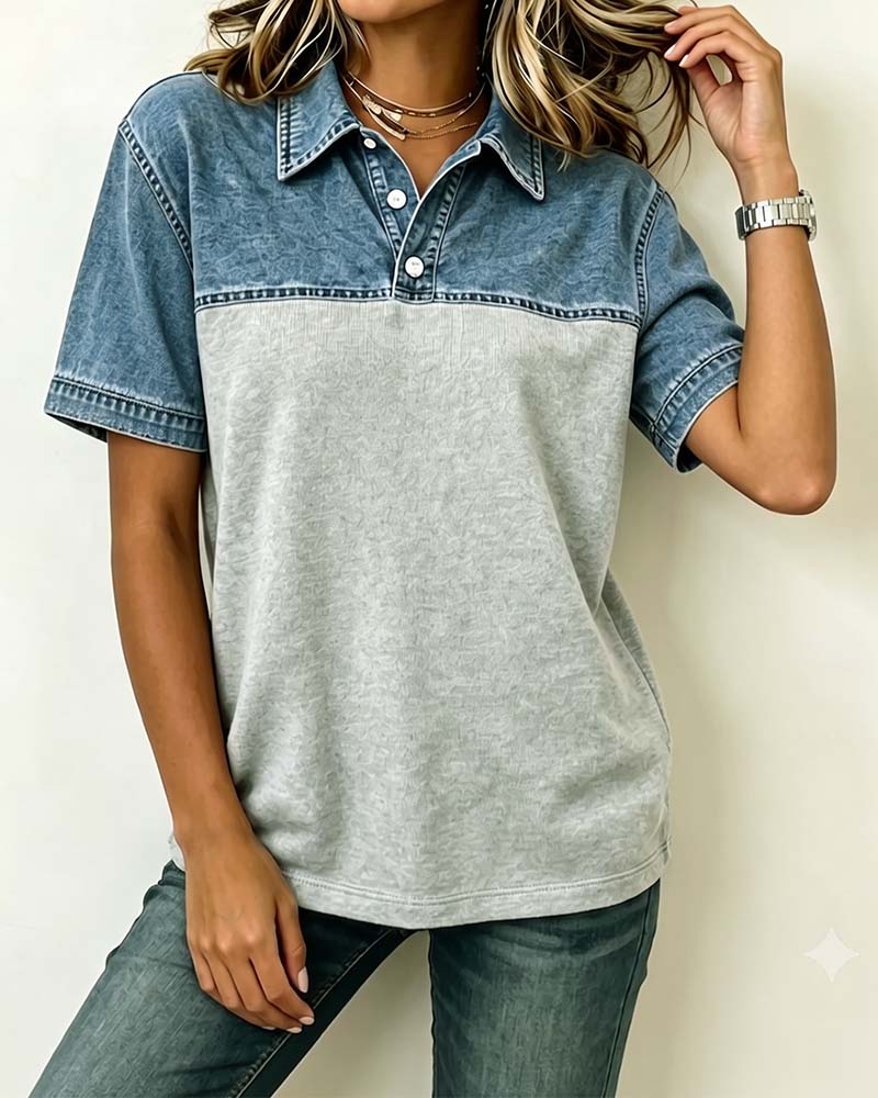 Blus Kort Ärm Skjorta Krage Denim Patchwork