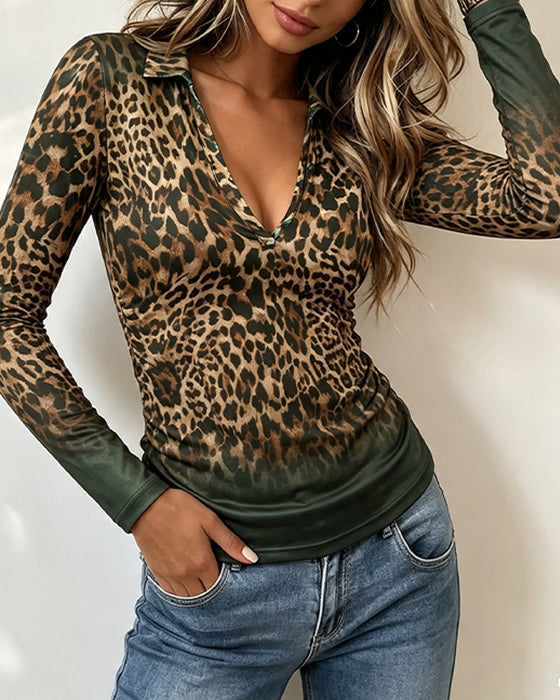 Topp Gradient Leopard Polo V-Hals