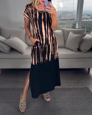 Klänning avslappnad kortärmad slits rund hals tryckt