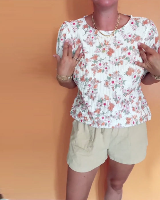 Blus Rund Halsringning Blommig Kort Ärm