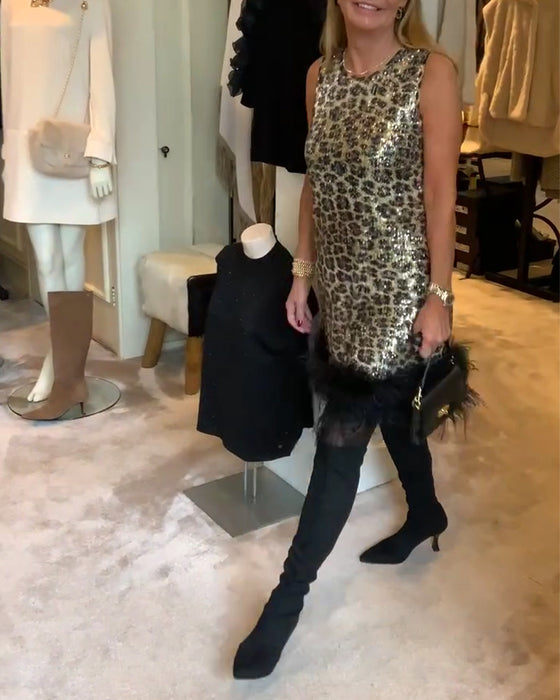Klänning Ärmlös Leopardtryck Strutsfjäder Modig