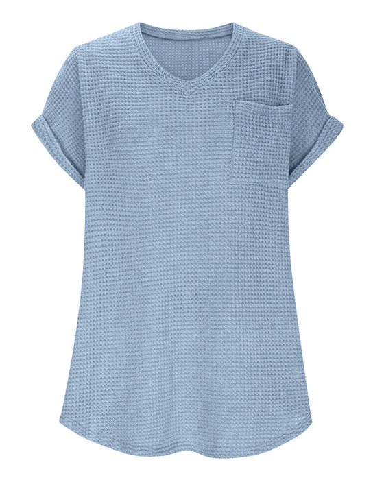 T-Shirt Dam Våffelstickad V-ringning Casual Sommar