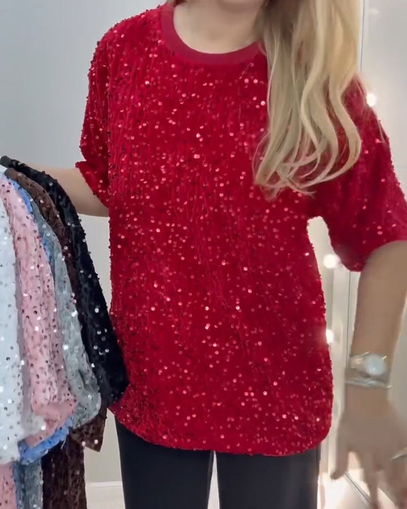 T-Shirt Rund Halsringning Pailletterad Kortärmad
