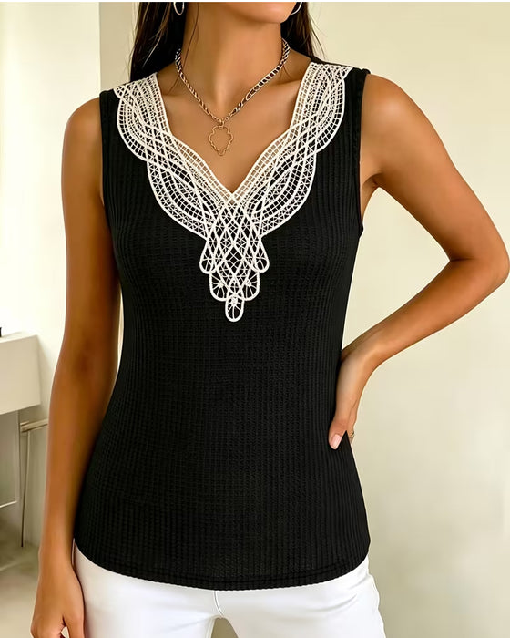 Tank Top Spets V-Hals Ribbad
