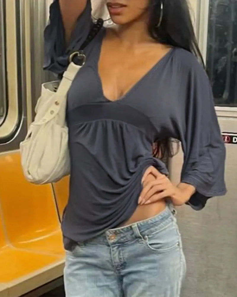 Topp Sexig Djup V-Ringad Kortärmad