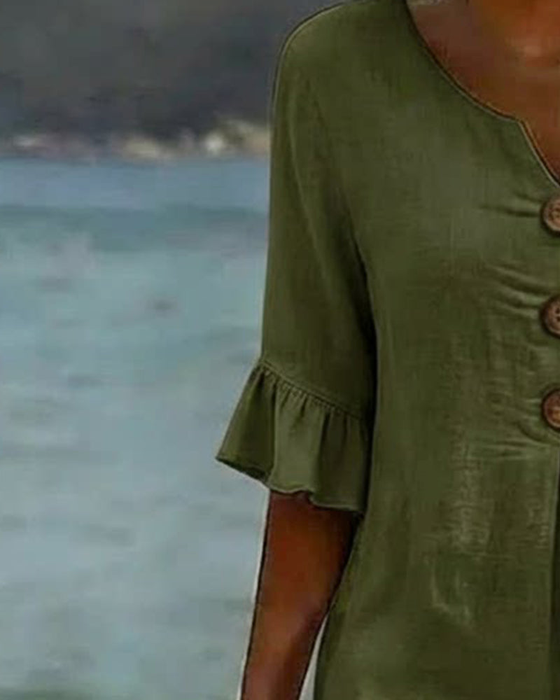 Klänning Knapp Rynkad Ärm 100% Bomull