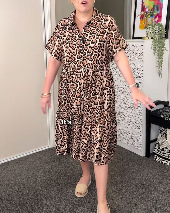Klänning A-Linjeformad Med Leopardtryck Och Krage