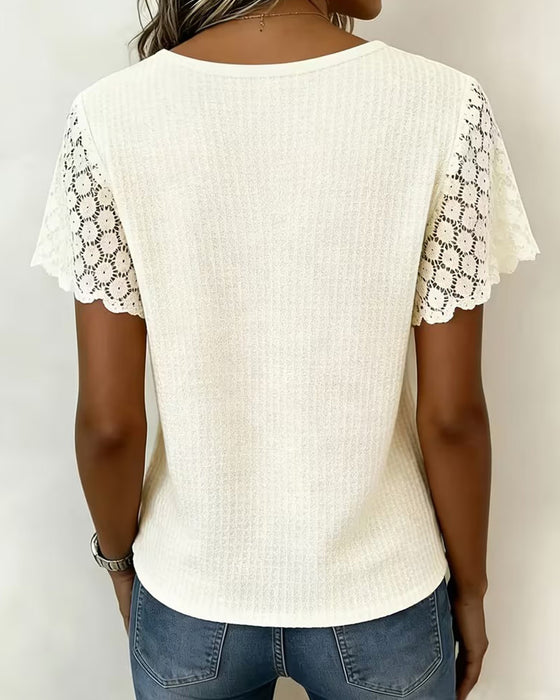 T-Shirt V-Hals Våffla Spets Patchwork Solid
