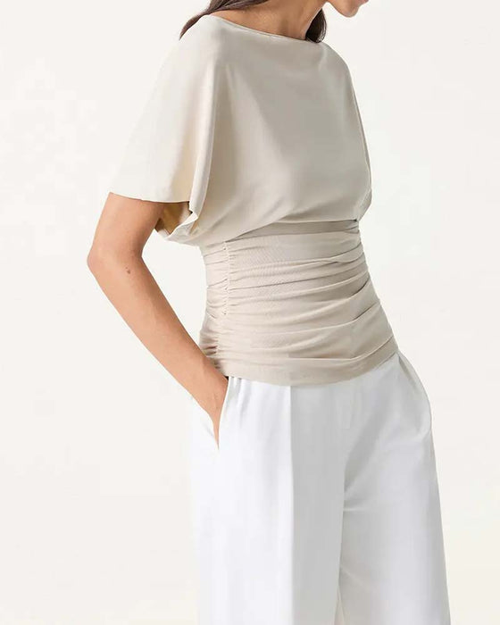 Blus Casual Solid Veckad Kort Ärm