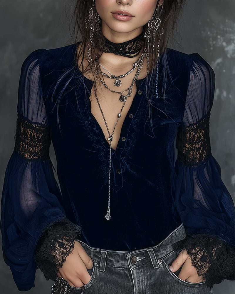 Blus Knapp I Halv V-Ringad Puffärm