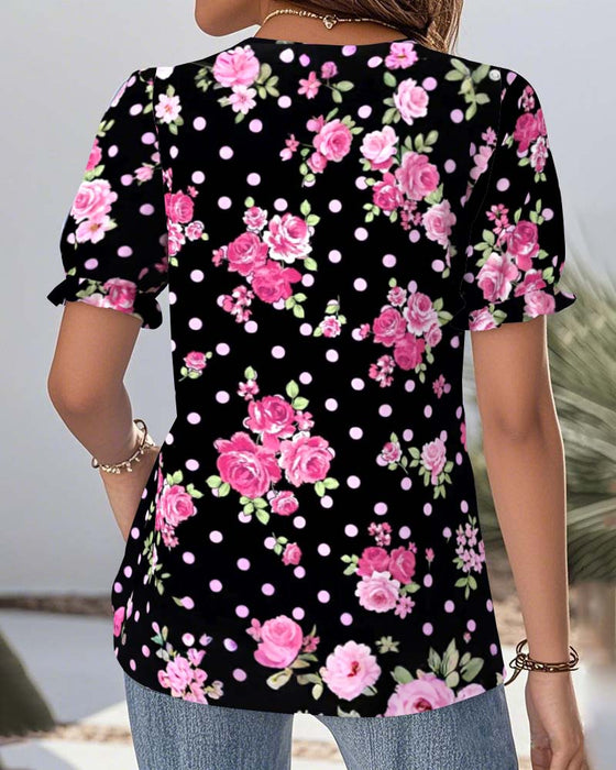 Blus V-Hals Spets Lanternärm Tryckt