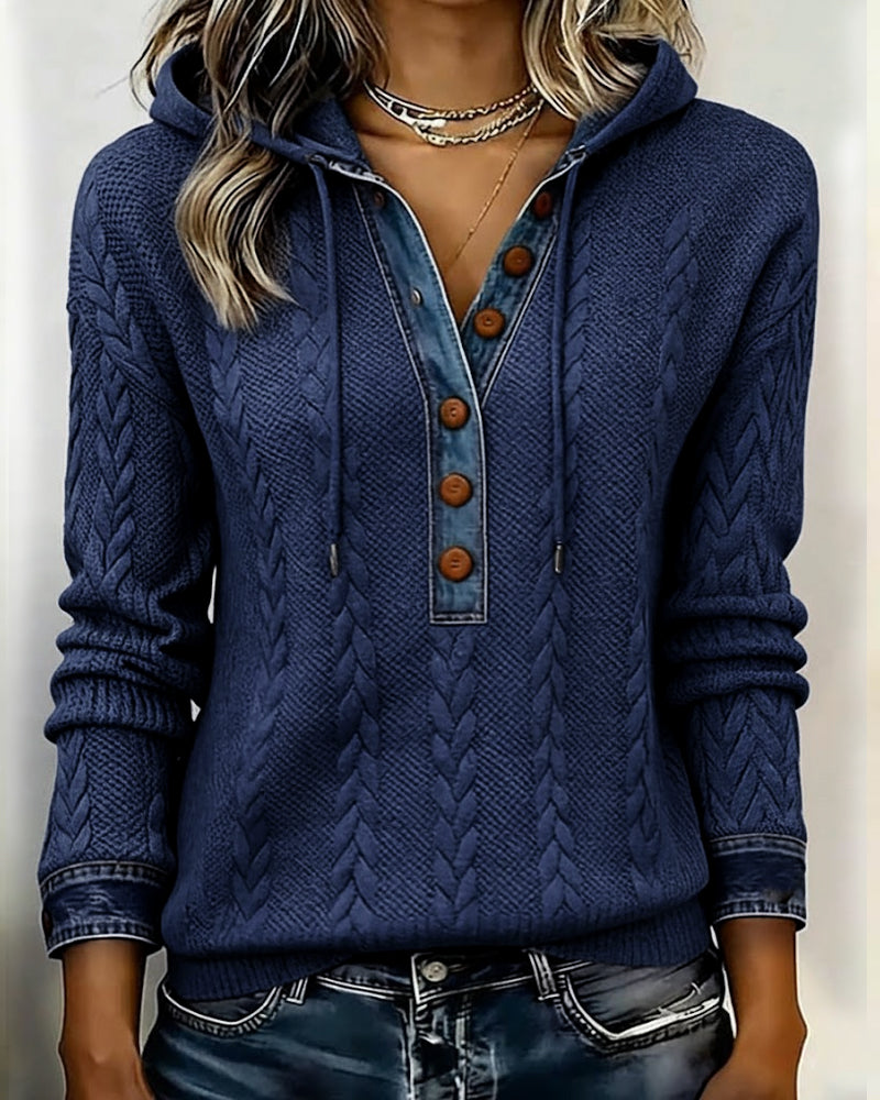 Färgblockad Långärmad Hoodie Med Knappar