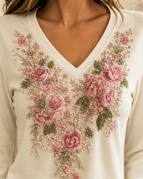 T-Shirt Lång Ärm V-Hals Blommig