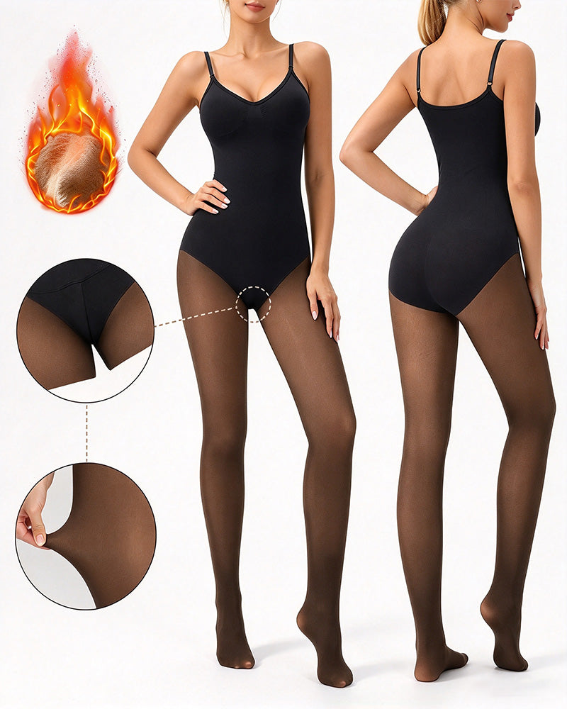 Genomskinlig Panel Med Fleecefodrade Tights Stay-Warm Magkontroll Sheer Effekt Tights Bodysuit Svart Basic
