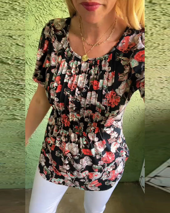 Blus Rund hals Puckad ärm Veckad Blommig