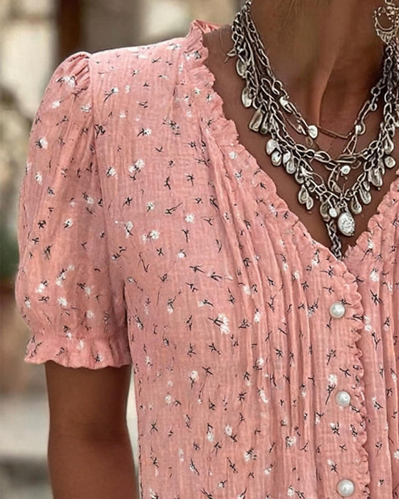 Blus Puffärm Blommig Tryck Kortärmad