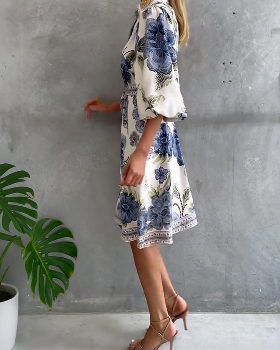 Klänning Fransk Lykta Ärm Skärkrage Tryckt