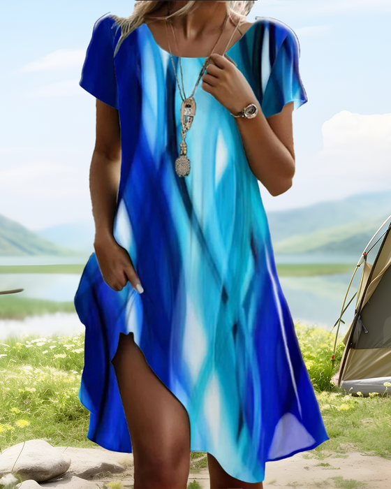 Klänning Puffärm Tie-Dye Rundhals