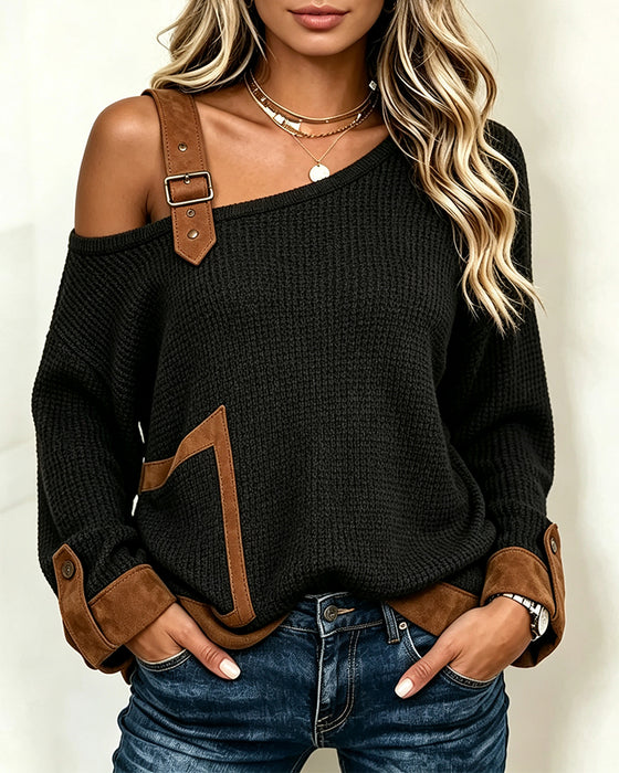Blus Axelbar Asymmetrisk Hals Spliced