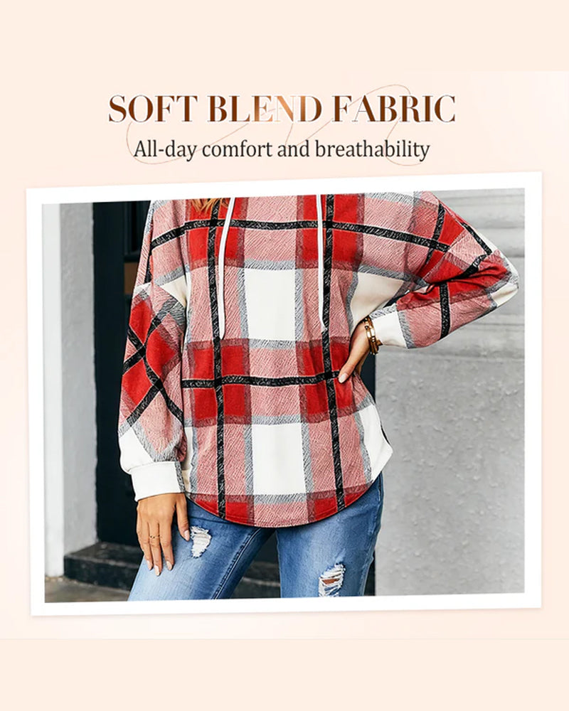 V-Ringad Huvtröja Med Lång Ärm Och Dragsko För Kvinnor I Rutigt Mönster