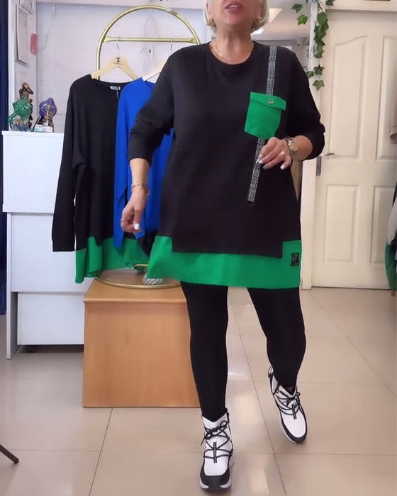 Tröja avslappnad ficka med rund hals i kontrastfärg