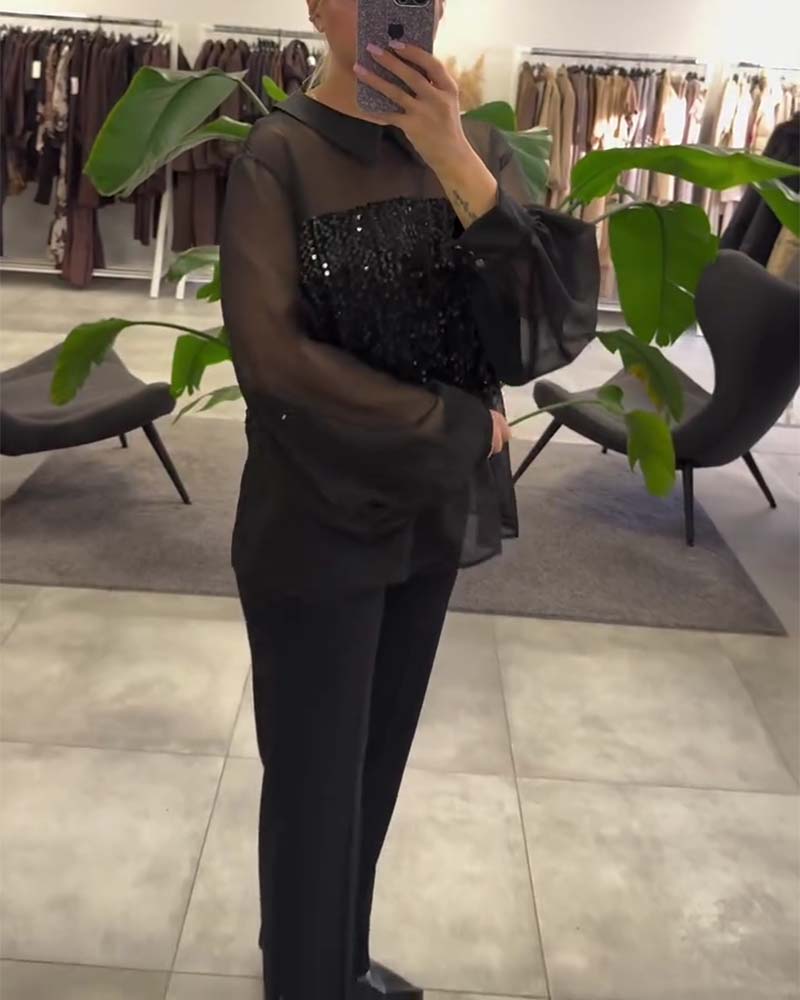 Blus Enfärgad Puffärm Krage