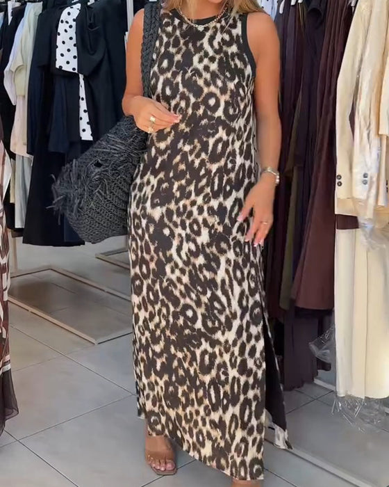 Klänning Rundhalsad Leopardmönster Ärmlös Maxi